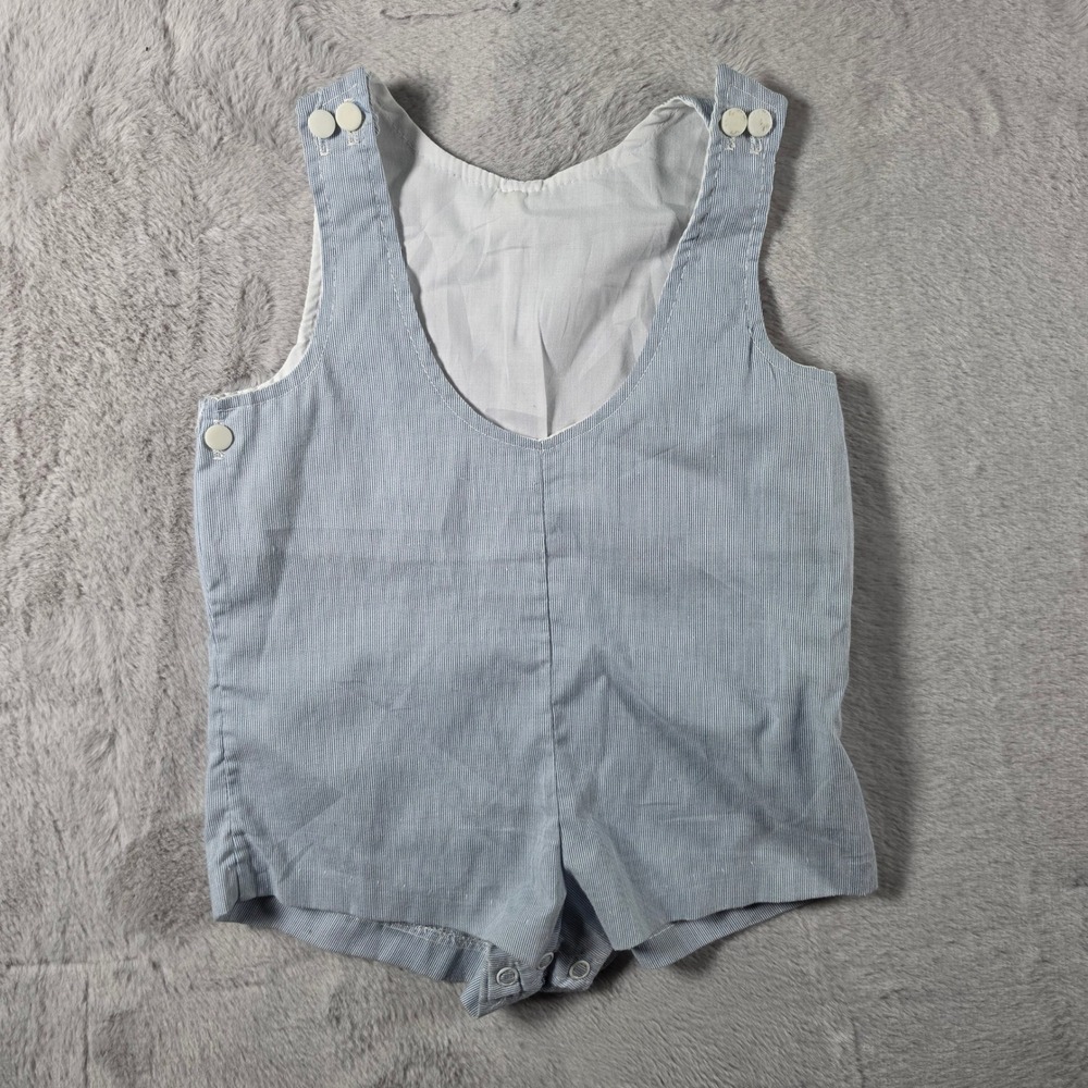 Unbranded Seersucker Romper Kids 12M Blue White Striped Vintage Style Snap
